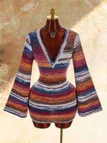 Amplova Women's Gradient V-Neck Asymmetrical Hem Knit Dress - Brown - View 4