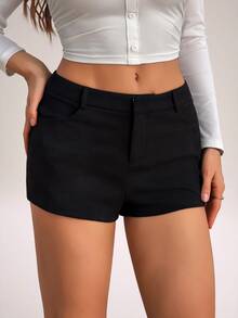 SHEIN Tall Celana Pendek Kasual Serbaguna untuk Wanita, Warna Polos, untuk Sehari-hari - Hitam - View 3