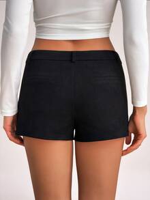 SHEIN Tall Celana Pendek Kasual Serbaguna untuk Wanita, Warna Polos, untuk Sehari-hari - Hitam - View 2