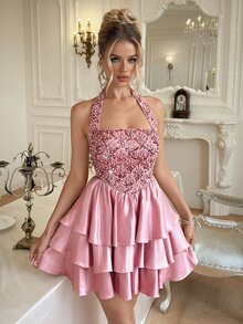 Poshira Elegant Mini Halter Neck Square Neck Sequined Pearl-Trimmed Satin Cocktail Dress Is Perfect For Spring/Summer Parties, Birthday Parties, Graduations, Music Festivals, Everyday Gatherings, And More. - Pink - View 3