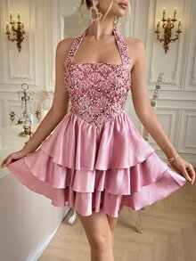 Poshira Elegant Mini Halter Neck Square Neck Sequined Pearl-Trimmed Satin Cocktail Dress Is Perfect For Spring/Summer Parties, Birthday Parties, Graduations, Music Festivals, Everyday Gatherings, And More. - Pink - View 6