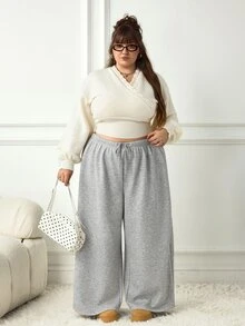 SHEIN CURVE+ Plus Size Women's Casual Drawstring Loose Sports Pants, Suitable For Daily Wear And Back To School Season Winter - Grey - View 2