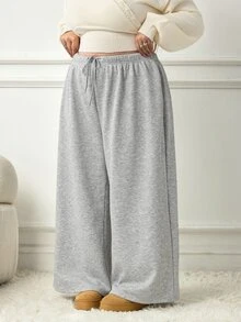 SHEIN CURVE+ Plus Size Women's Casual Drawstring Loose Sports Pants, Suitable For Daily Wear And Back To School Season Winter - Grey - View 6