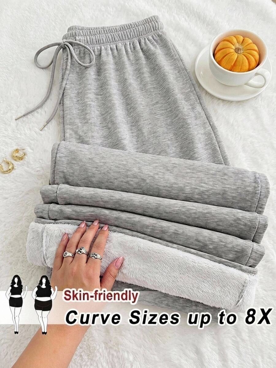 SHEIN CURVE+ Plus Size Women's Casual Drawstring Loose Sports Pants, Suitable For Daily Wear And Back To School Season Winter - Grey - View 1