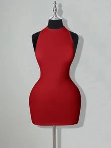 SHEIN ICON 纯色交叉露背性感休闲迷你连衣裙 - 紅色 - 查看 9