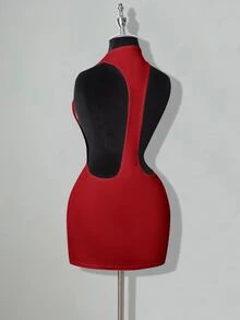 SHEIN ICON 纯色交叉露背性感休闲迷你连衣裙 - 紅色 - 查看 4