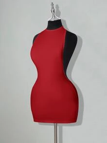 SHEIN ICON 纯色交叉露背性感休闲迷你连衣裙 - 紅色 - 查看 2