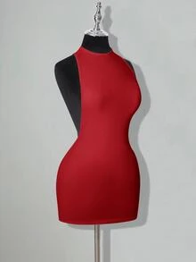 SHEIN ICON 纯色交叉露背性感休闲迷你连衣裙 - 紅色 - 查看 7