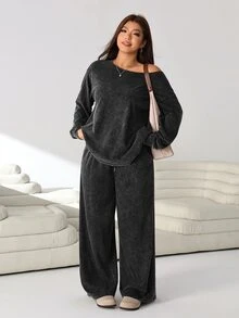 Solflare Plus Size Women's Autumn/Winter Distressed Black Knit Long Sleeve T-Shirt Set - Black - View 3