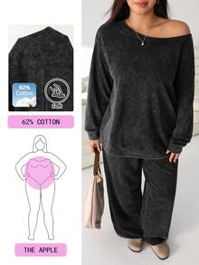 Solflare Plus Size Women's Autumn/Winter Distressed Black Knit Long Sleeve T-Shirt Set - Black - View 1