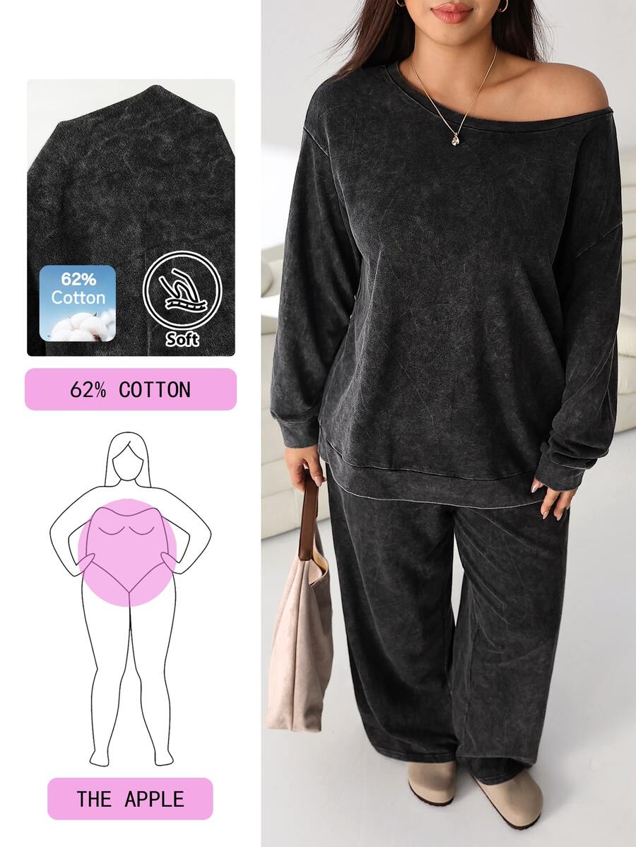 Solflare Plus Size Women's Autumn/Winter Distressed Black Knit Long Sleeve T-Shirt Set - Black - View 1