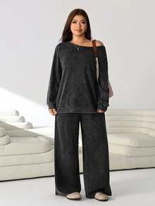 Solflare Plus Size Women's Autumn/Winter Distressed Black Knit Long Sleeve T-Shirt Set Fall - Black - View 3