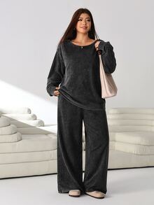 Solflare Plus Size Women's Autumn/Winter Distressed Black Knit Long Sleeve T-Shirt Set Fall - Black - View 4
