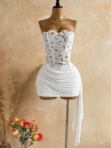 Soleia 女款性感度假無肩帶蕾絲紋理垂墜網紗抓皺胸衣迷你洋裝，適合海灘、郵輪、公路旅行、城市、約會、下午茶、波希米亞風、海邊、島嶼、夏季、音樂節、日常通勤、婚禮季、派對、嘉年華 - 白色 - 查看 7