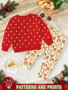 女童聖誕鹿圖案2件套，可愛圓領長袖衛衣搭配全鹿圖案寬鬆舒適長褲，俏皮鹿、星星與薑餅人元素充滿節日氛圍，適合日常穿著與聖誕派對，甜美吸睛，女孩完美的節日穿搭 - 彩色 - 查看 4