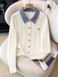 GlowEve CURVE New Arrival Plus-Size Women's Autumn & Winter Knit Cardigan, 2 In 1 Design With 3D Twisted Rope Texture And Off-White Plaid Collar, Preppy Sty - Beige - View 3