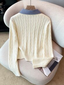 GlowEve CURVE New Arrival Plus-Size Women's Autumn & Winter Knit Cardigan, 2 In 1 Design With 3D Twisted Rope Texture And Off-White Plaid Collar, Preppy Sty - Beige - View 6