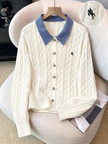 GlowEve CURVE New Arrival Plus-Size Women's Autumn & Winter Knit Cardigan, 2 In 1 Design With 3D Twisted Rope Texture And Off-White Plaid Collar, Preppy Sty - Beige - View 2