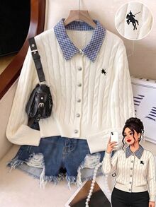 GlowEve CURVE New Arrival Plus-Size Women's Autumn & Winter Knit Cardigan, 2 In 1 Design With 3D Twisted Rope Texture And Off-White Plaid Collar, Preppy Sty - Beige - View 5