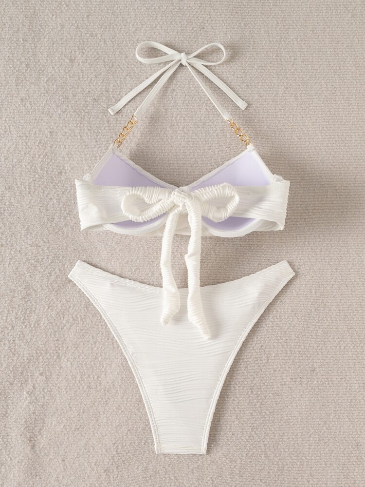 Swim SXY سلسلة معدنية للخصر، حزام كتف معدني، ملابس سباحة لحفلات الشاطئ والعطلات والإجازات، ملابس سباحة نسائية بيضاء صيفية استوائية مثيرة - أبيض - مشاهدة 2