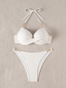 Swim SXY 金屬腰鏈飾金屬肩帶上衣，海灘派對度假泳裝，女款時尚白色夏季熱帶性感泳衣 - 白色 - 查看 5
