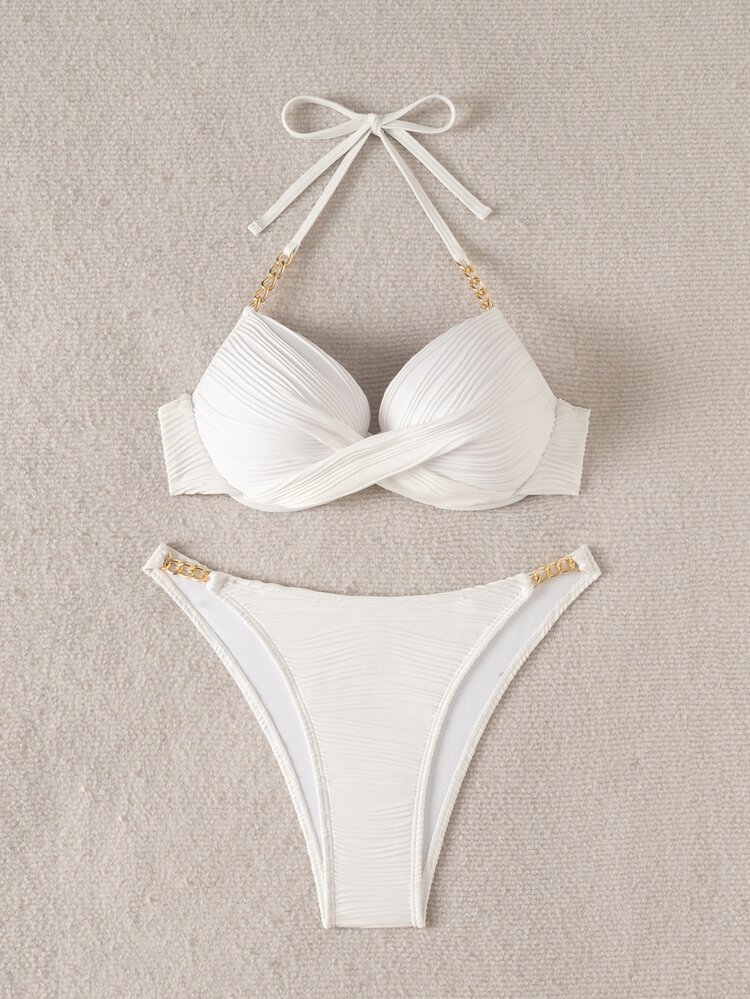 SHEIN Swim レディース 夏用 ビーチ 無地 ホルターネック タイ