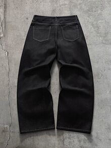 AXEPEAK Men's Long Sleeve Pocket Airplane Button Shirt And Button Pocket Loose Denim Pants Set - Black - View 9