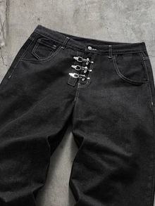 AXEPEAK Men's Long Sleeve Pocket Airplane Button Shirt And Button Pocket Loose Denim Pants Set - Black - View 8