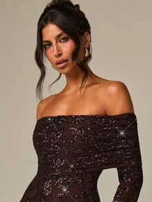 COSMINA فستان ماكسي بأكتاف مكشوفة مجعد مزين بالترتر، بني داكن بأكمام طويلة مناسب للعشاء وحفلات الكوكتيل والولائم والتجمعات وأعياد الميلاد، خريفي مثير وأنيق - بني - مشاهدة 4