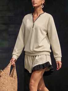 Breezaya Women's French Style Colorblock Shell Embroidery Notch Neck Sweatshirt, Loose Casual Slouchy Dropped Shoulder Pullover, Spring Autumn Winter, Beige - Apricot - View 4