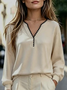 Breezaya Women's French Style Colorblock Shell Embroidery Notch Neck Sweatshirt, Loose Casual Slouchy Dropped Shoulder Pullover, Spring Autumn Winter, Beige - Apricot - View 6