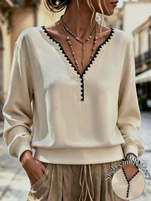 Breezaya Women's French Style Colorblock Shell Embroidery Notch Neck Sweatshirt, Loose Casual Slouchy Dropped Shoulder Pullover, Spring Autumn Winter, Beige - Apricot - View 8