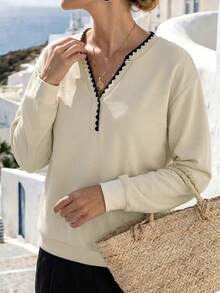 Breezaya Women's French Style Colorblock Shell Embroidery Notch Neck Sweatshirt, Loose Casual Slouchy Dropped Shoulder Pullover, Spring Autumn Winter, Beige - Apricot - View 7