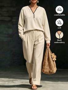 Breezaya Women's French Style Colorblock Shell Embroidery Notch Neck Sweatshirt, Loose Casual Slouchy Dropped Shoulder Pullover, Spring Autumn Winter, Beige - Apricot - View 3