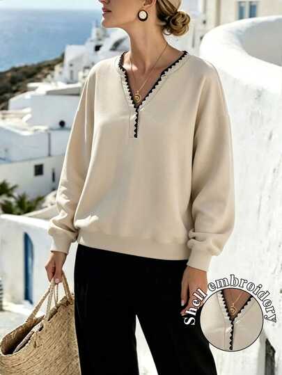Breezaya Women's French Style Colorblock Shell Embroidery Notch Neck Sweatshirt, Loose Casual Slouchy Dropped Shoulder Pullover, Spring Autumn Winter, Beige