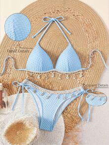 SHEIN Swim Springbreak纯色纹理面料贝壳肩带装饰挂脖比基尼上衣和系带三角比基尼下装，夏季沙滩派对泳装套装（女士款） - 藍色 - 查看 1