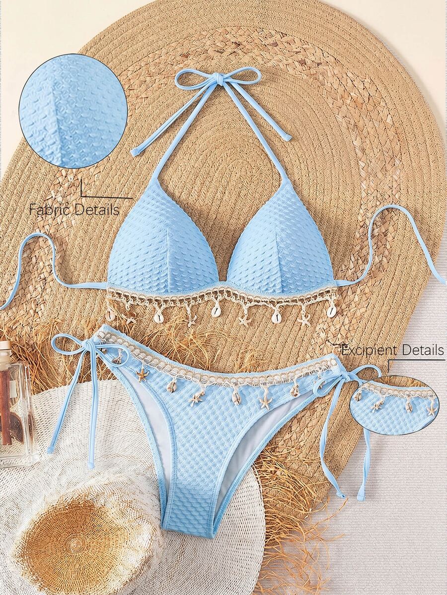SHEIN Swim Springbreak纯色纹理面料贝壳肩带装饰挂脖比基尼上衣和系带三角比基尼下装,夏季沙滩派对泳装套装(女士款) - 藍色 - 查看 1