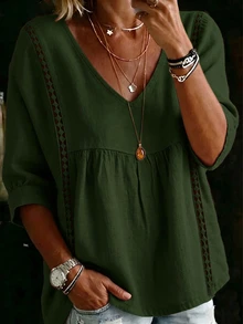 Zayélia 女款秋季服飾 梭織休閒度假風夏季襯衫 - 墨綠色 - 查看 5