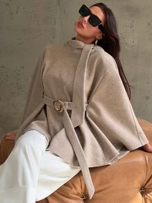 Aloruh Women's Autumn/Winter Flared Collar Cinched Waist Metal Decor Wool Blend Jacket,New Fall Styles - Khaki - View 3