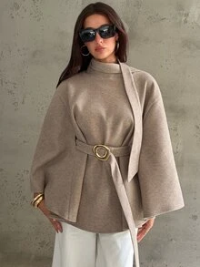 Aloruh Women's Autumn/Winter Flared Collar Cinched Waist Metal Decor Wool Blend Jacket,New Fall Styles - Khaki - View 7