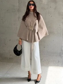 Aloruh Women's Autumn/Winter Flared Collar Cinched Waist Metal Decor Wool Blend Jacket,New Fall Styles - Khaki - View 6