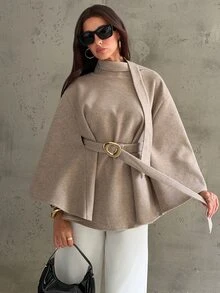 Aloruh Women's Autumn/Winter Flared Collar Cinched Waist Metal Decor Wool Blend Jacket,New Fall Styles - Khaki - View 8