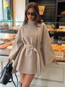 Aloruh Women's Autumn/Winter Flared Collar Cinched Waist Metal Decor Wool Blend Jacket,New Fall Styles - Khaki - View 1