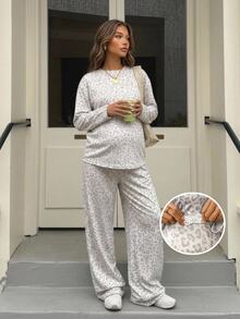 SHEIN Maternity Leopard Print Long Sleeve Top And Adjustable Waist Long Pants Casual Maternity Daily Photoshoot Formal 2 Pieces Set,Autumn White - White - View 3