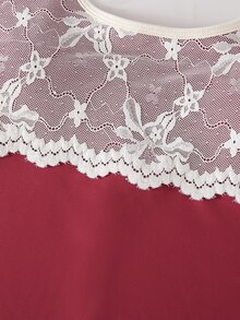 SHEIN 青少年女孩對比色蕾絲插肩袖短袖運動連身褲 - 紅白色 - 查看 7