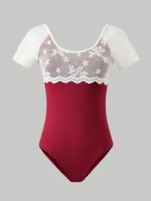 SHEIN 青少年女孩對比色蕾絲插肩袖短袖運動連身褲 - 紅白色 - 查看 5