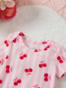 SHEIN Newborn Baby Girl Cute Summer Casual Knit Pink Strawberry Pattern Short Sleeve Pajama Set - Multicolor - View 3