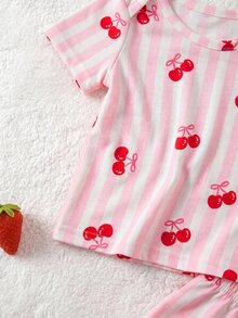 SHEIN Newborn Baby Girl Cute Summer Casual Knit Pink Strawberry Pattern Short Sleeve Pajama Set - Multicolor - View 4