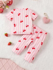 SHEIN Newborn Baby Girl Cute Summer Casual Knit Pink Strawberry Pattern Short Sleeve Pajama Set - Multicolor - View 6