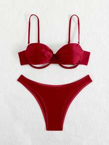 SHEIN Swim 新款細肩帶鏤空金屬飾邊露背性感亮面紅色女款泳衣套裝，適合夏季海灘度假 - 紅色 - 查看 4